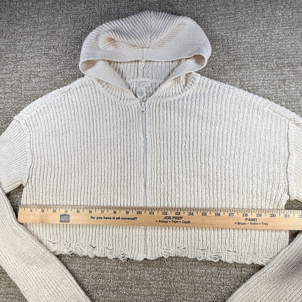 Full Tilt Cropped Knit Hoodie Sweater Womens M Ivory Zip Up Distressed Hem Y2K - Picture 10 of 11